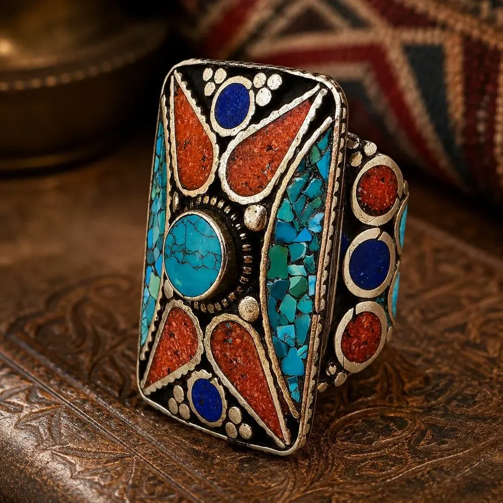Vintage Tibetan Style Turquoise Coral Mosaic Statement Ring Size 8